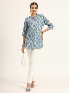 Divena Blue Floral Print Pure Rayon Straight Top