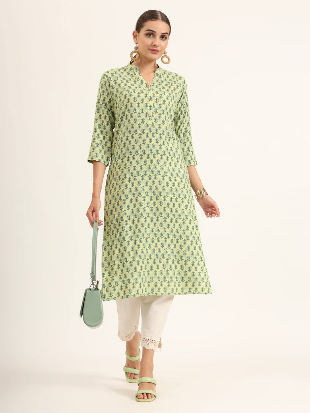 Divena Green Floral Print Pure Cotton Straight Kurta