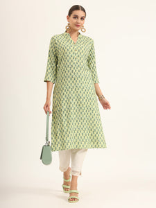 Divena Green Floral Print Pure Cotton Straight Kurta