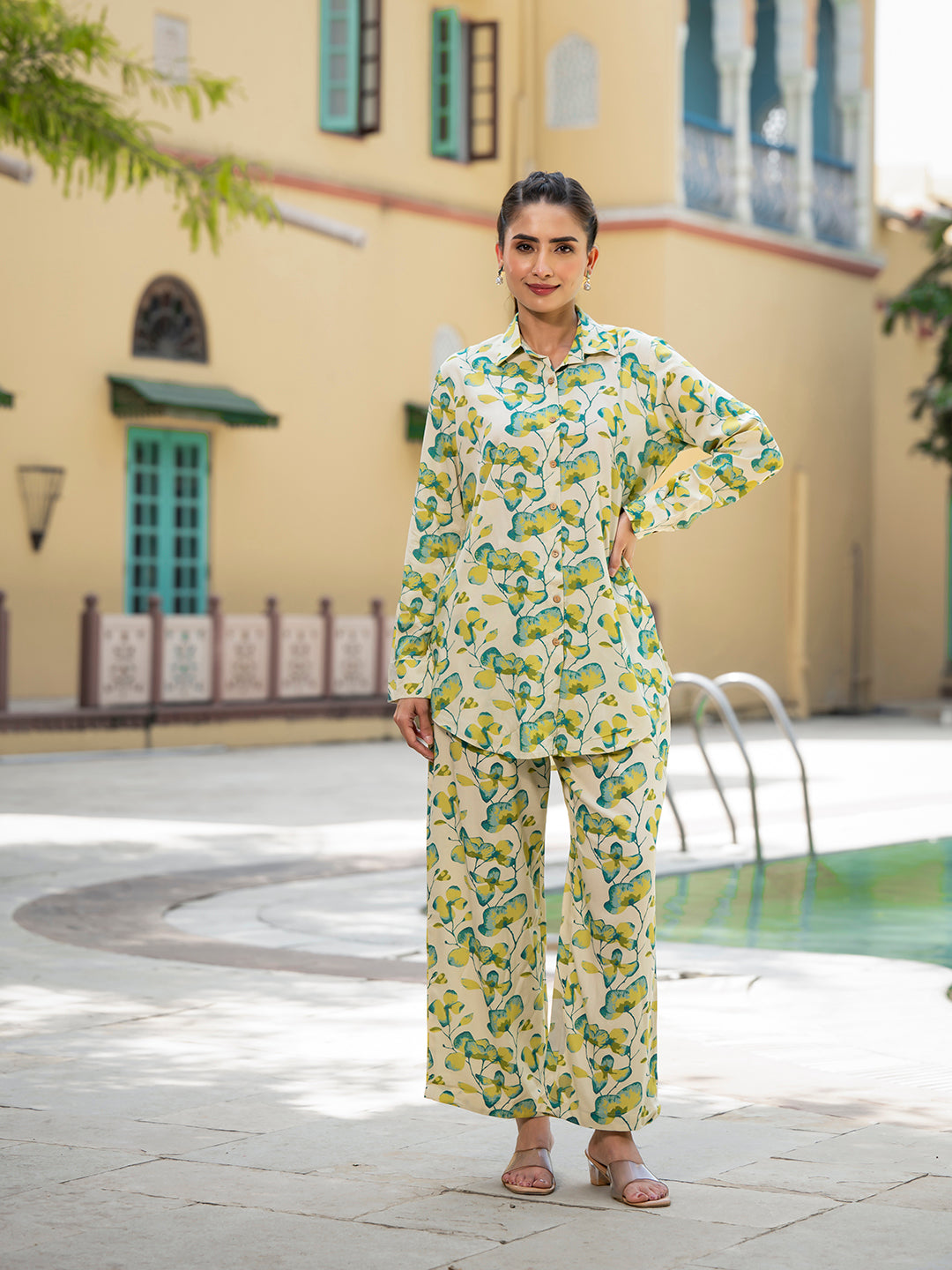 Green Floral Printed Rayon Co-ord Set for Women — view 1