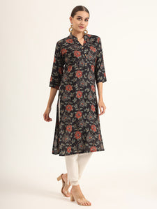 Divena Black Floral Print Rayon Straight Kurta