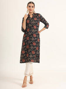 Divena Black Floral Print Rayon Straight Kurta