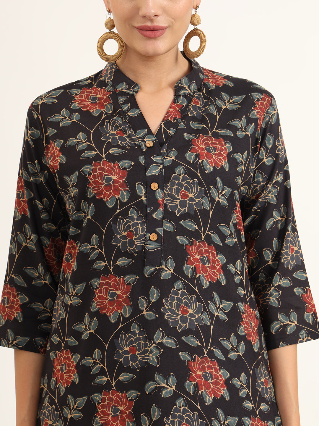 Divena Black Floral Print Rayon Straight Kurta