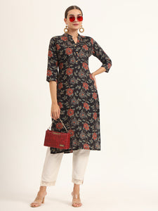 Divena Black Floral Print Rayon Straight Kurta