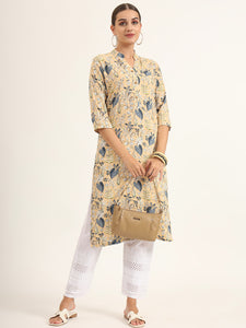 Divena Yellow Floral Print Rayon Straight Kurta