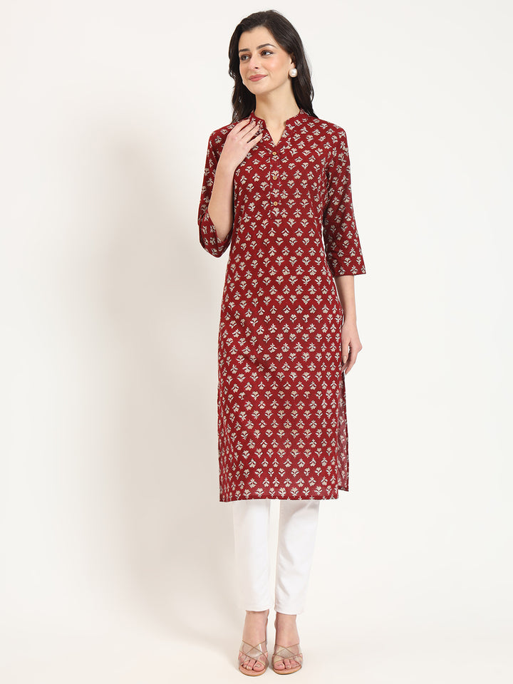Divena Maroon Floral Print Cotton Fabric Straight Kurta