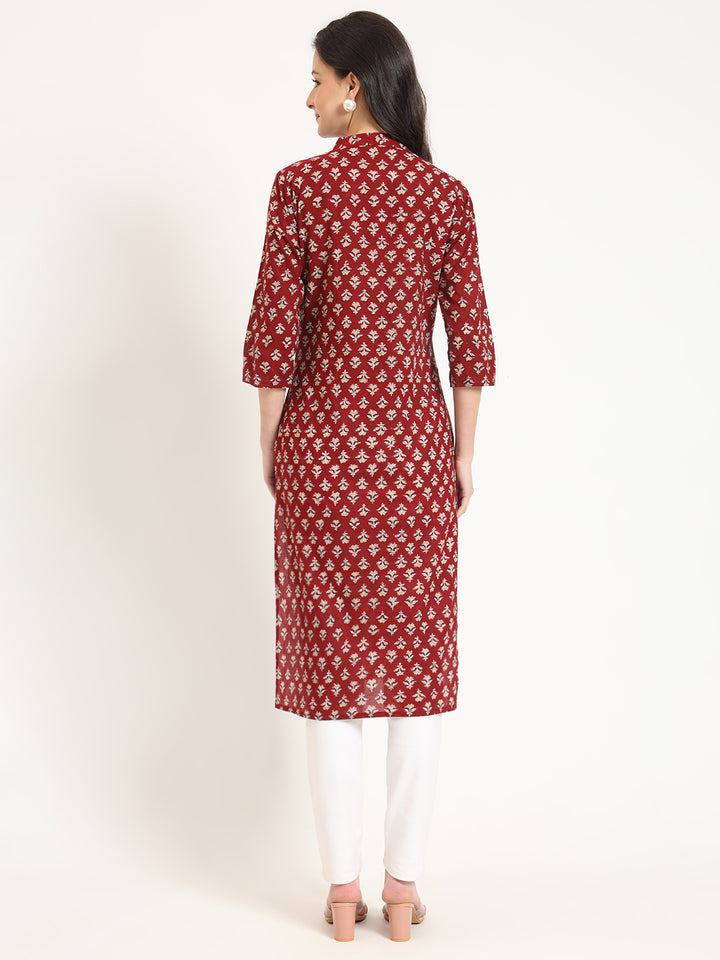 Divena Maroon Floral Print Cotton Fabric Straight Kurta