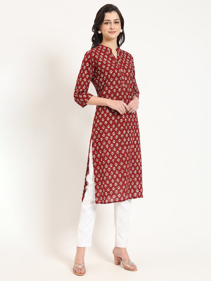 Divena Maroon Floral Print Cotton Fabric Straight Kurta