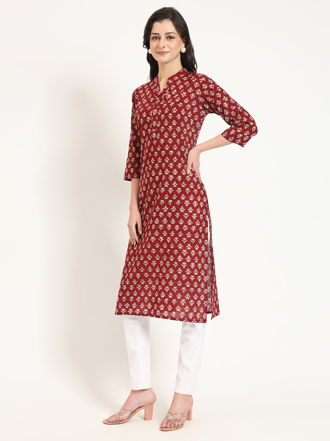 Divena Maroon Floral Print Cotton Fabric Straight Kurta