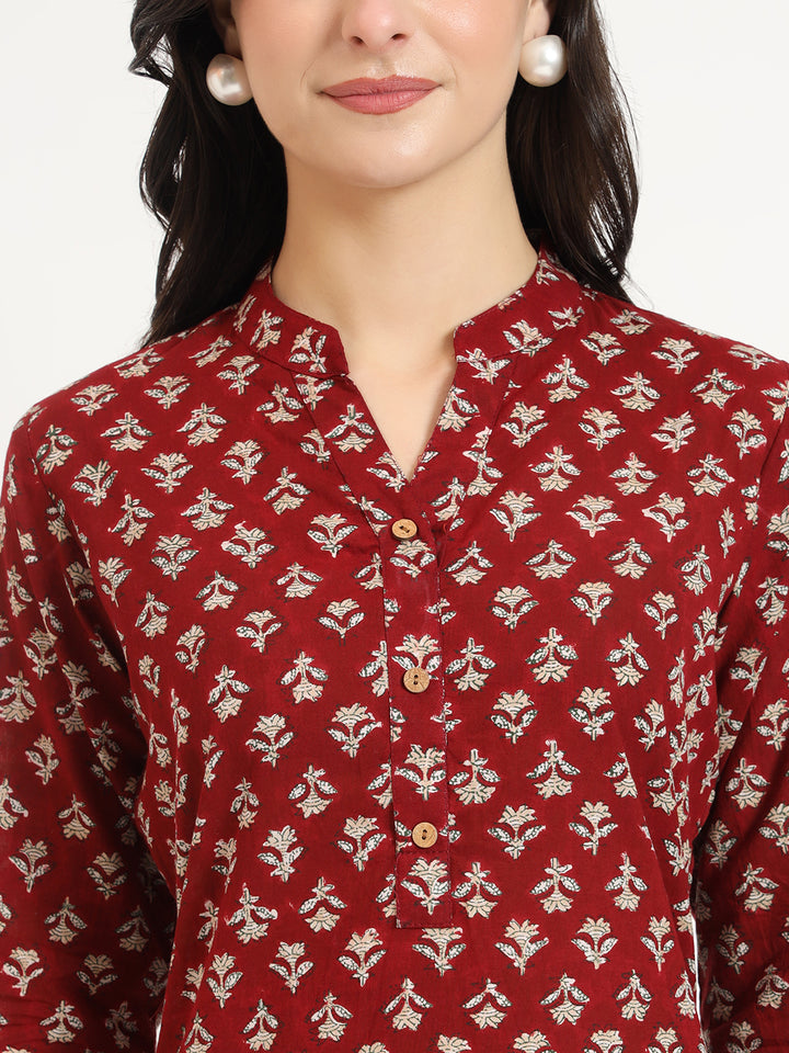 Divena Maroon Floral Print Cotton Fabric Straight Kurta