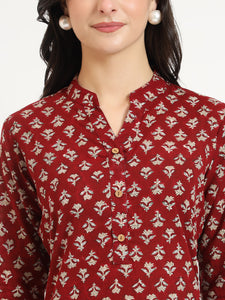 Divena Maroon Floral Print Cotton Fabric Straight Top