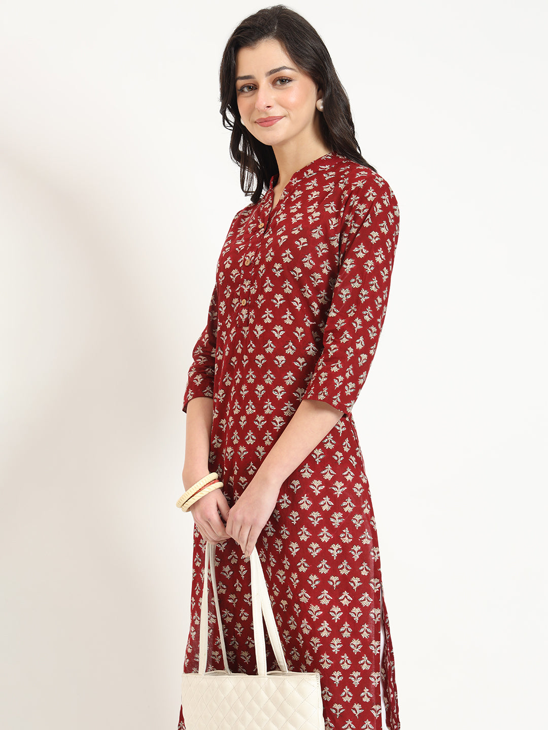 Divena Maroon Floral Print Cotton Fabric Straight Kurta
