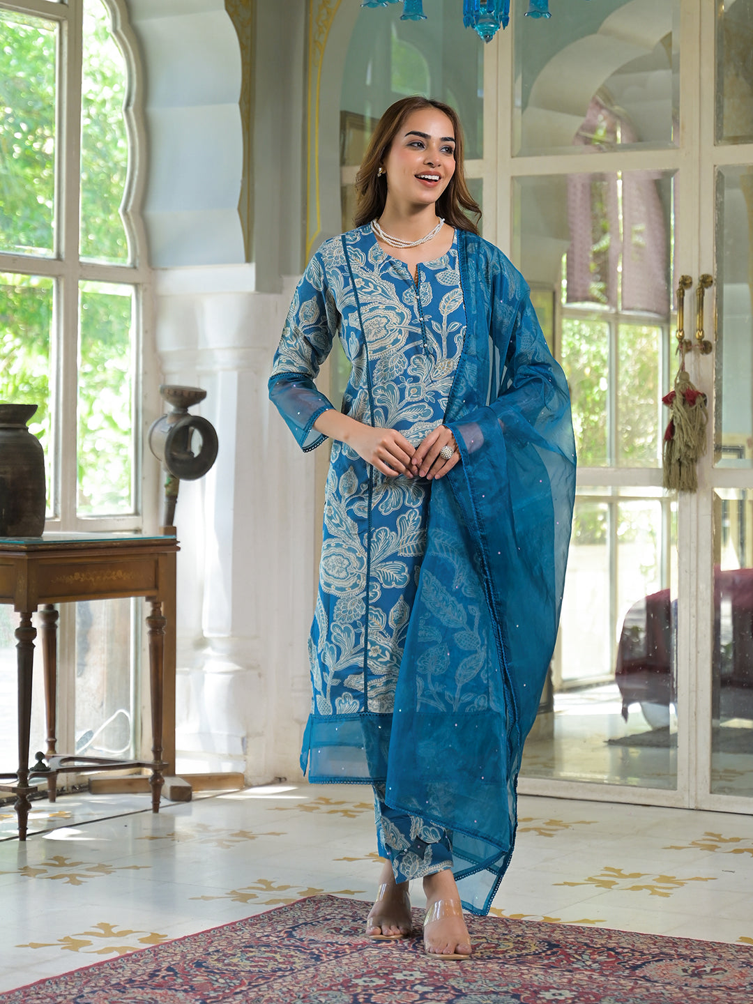 Blue Rayon Floral Printed Kurta Pant with Dupatta — view 1