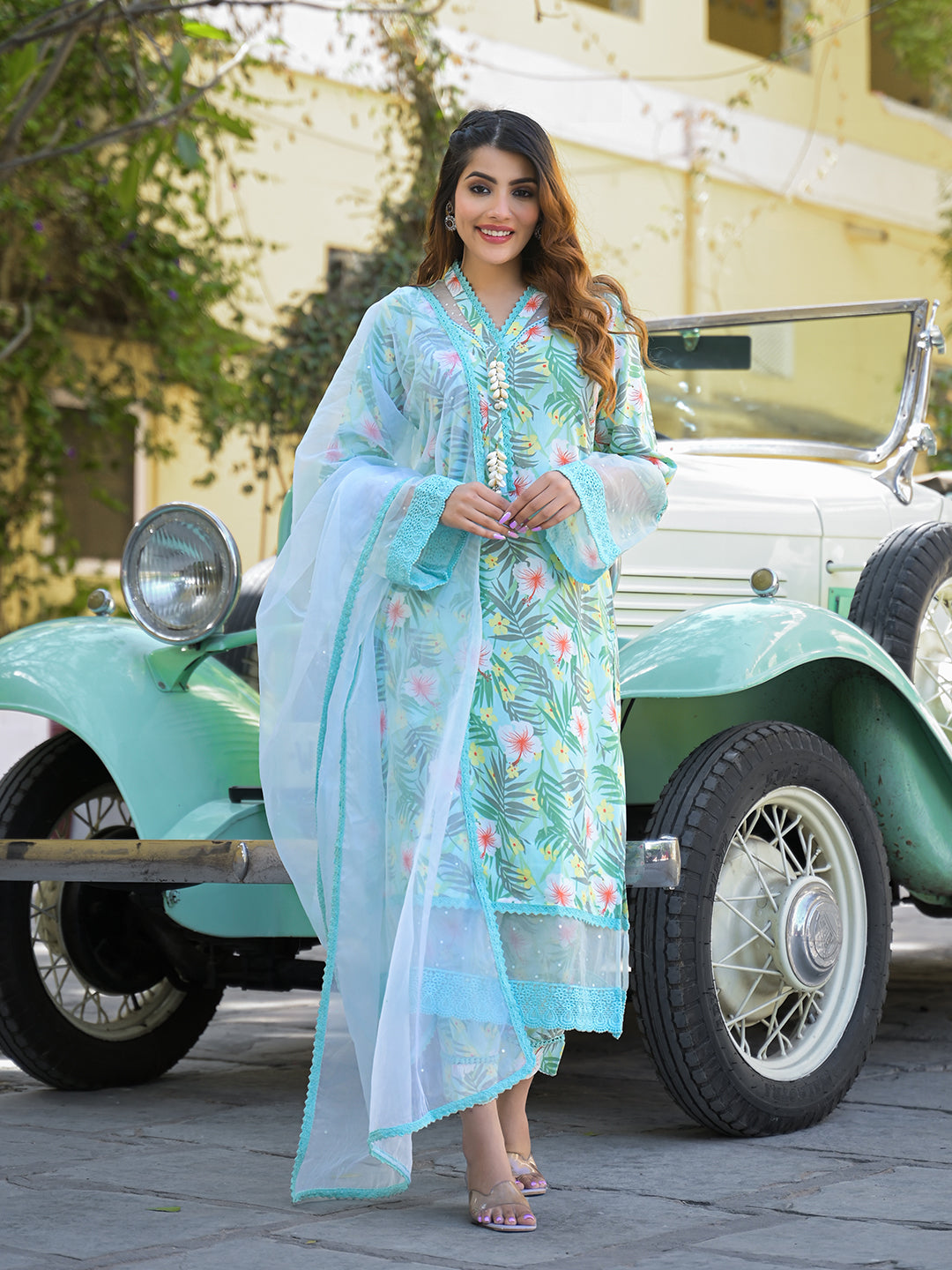 Divena Seagreen Floral Printed Rayon Kurta Pant Set With Dupatta