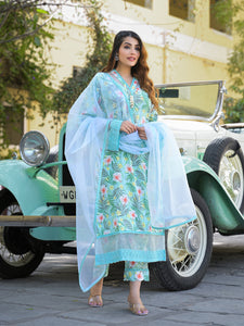 Divena Seagreen Floral Printed Rayon Kurta Pant Set With Dupatta