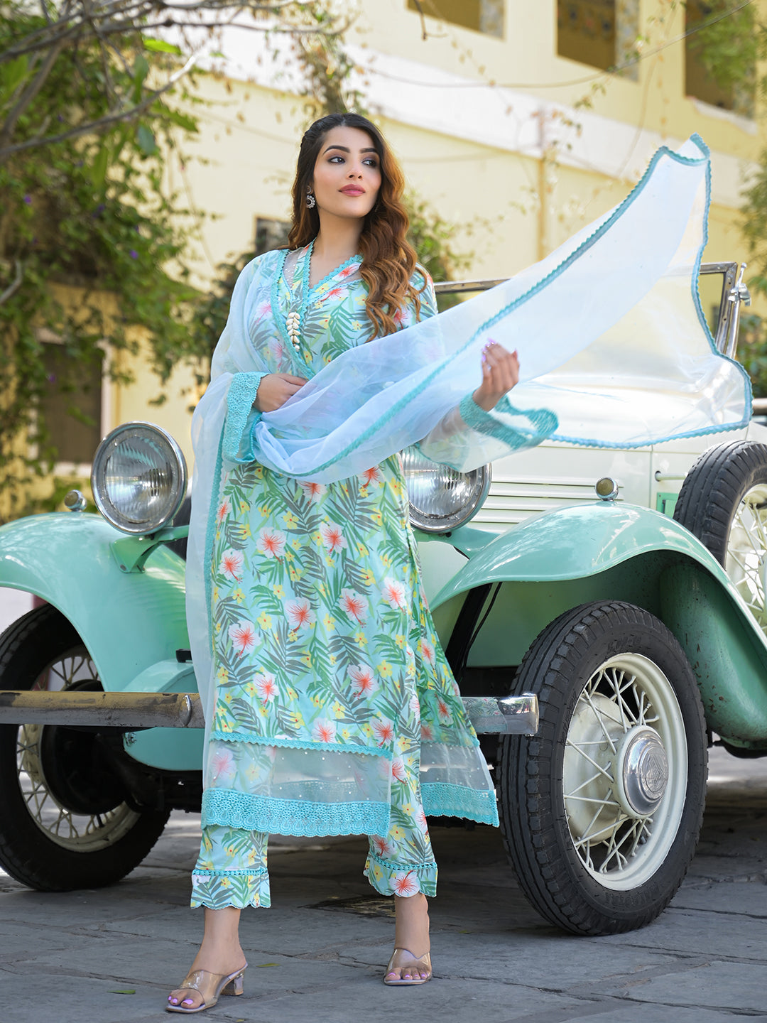 Divena Seagreen Floral Printed Rayon Kurta Pant Set With Dupatta