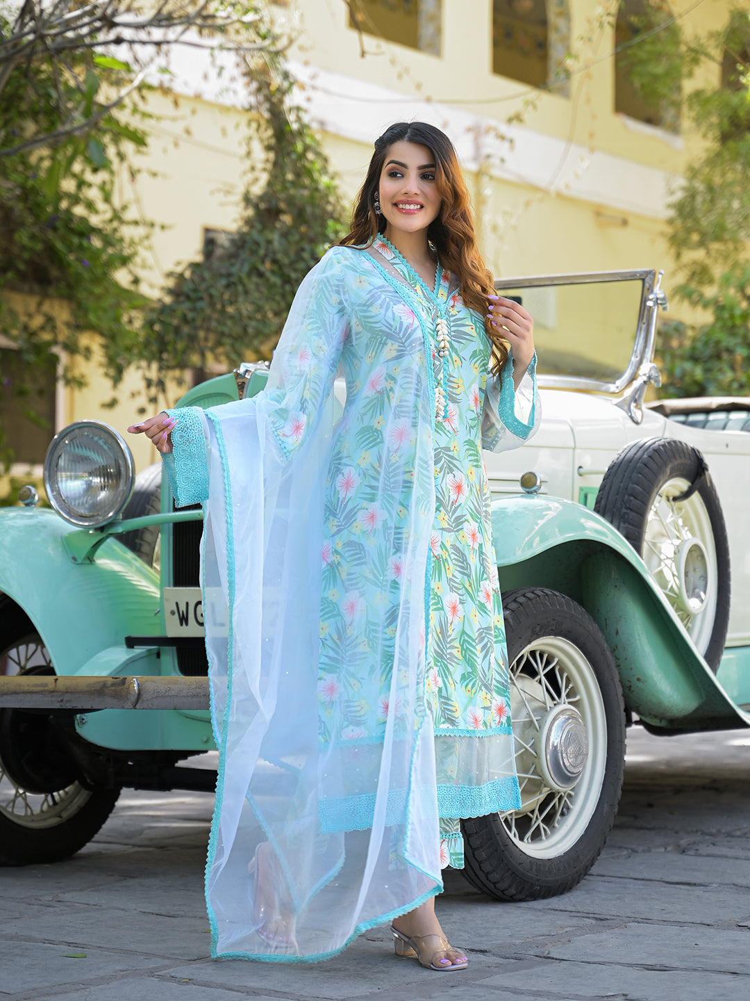 Divena Seagreen Floral Printed Rayon Kurta Pant Set With Dupatta