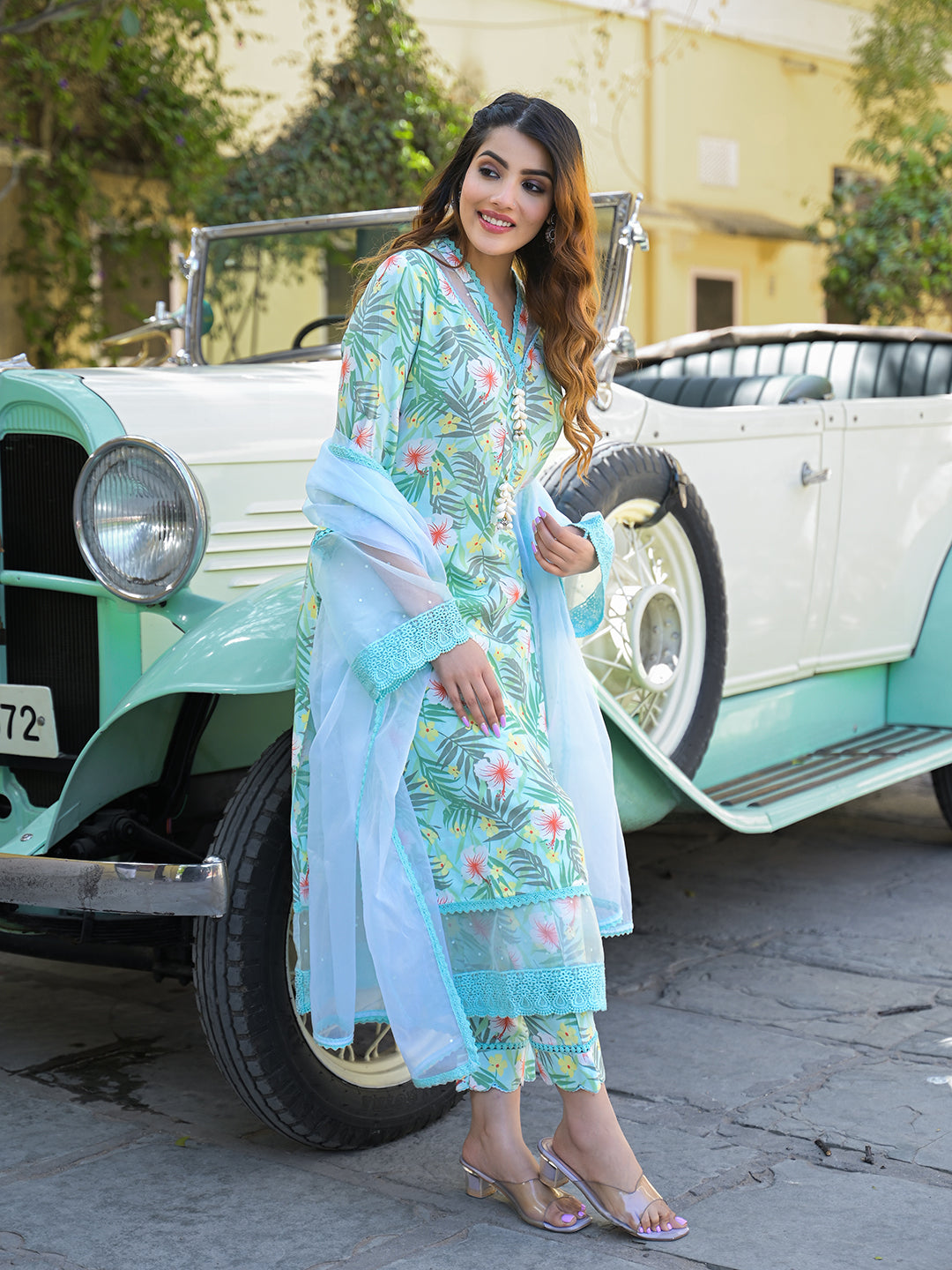 Divena Seagreen Floral Printed Rayon Kurta Pant Set With Dupatta