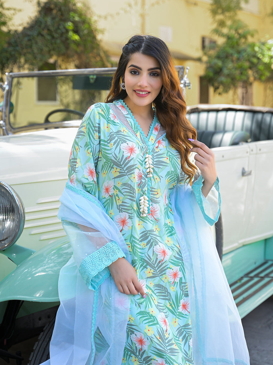 Divena Seagreen Floral Printed Rayon Kurta Pant Set With Dupatta