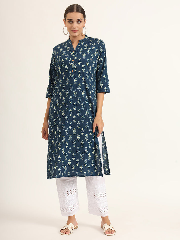 Divena Blue Floral Print Pure Cotton Straight Kurta