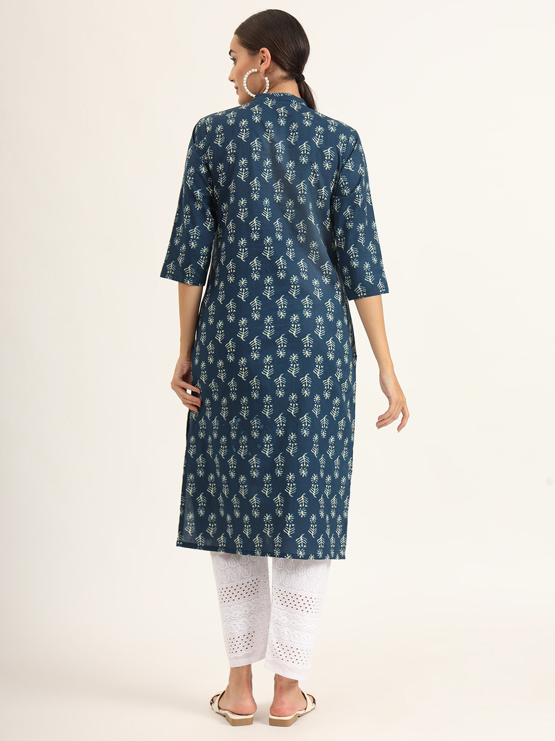 Divena Blue Floral Print Pure Cotton Straight Kurta