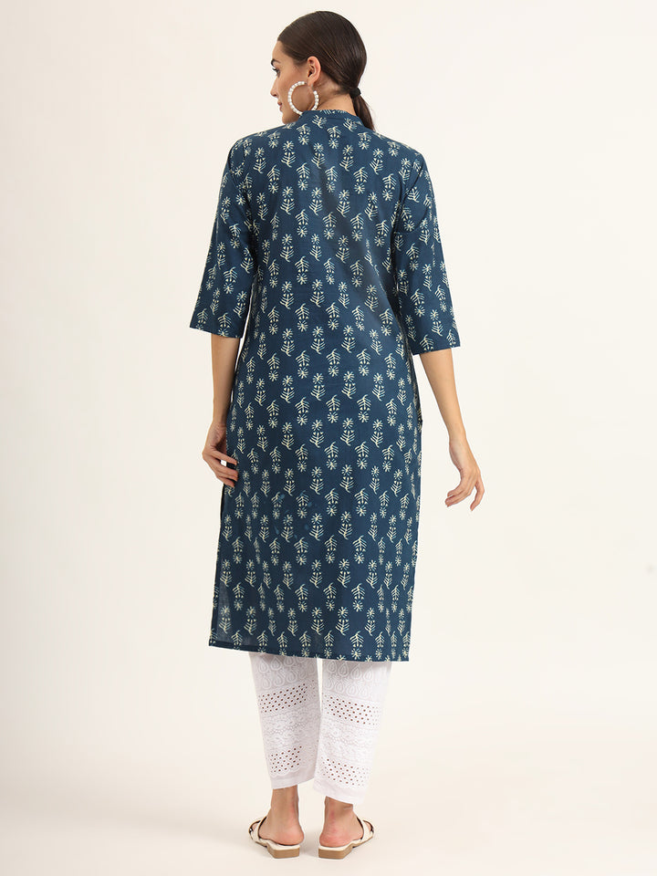 Divena Blue Floral Print Pure Cotton Straight Kurta