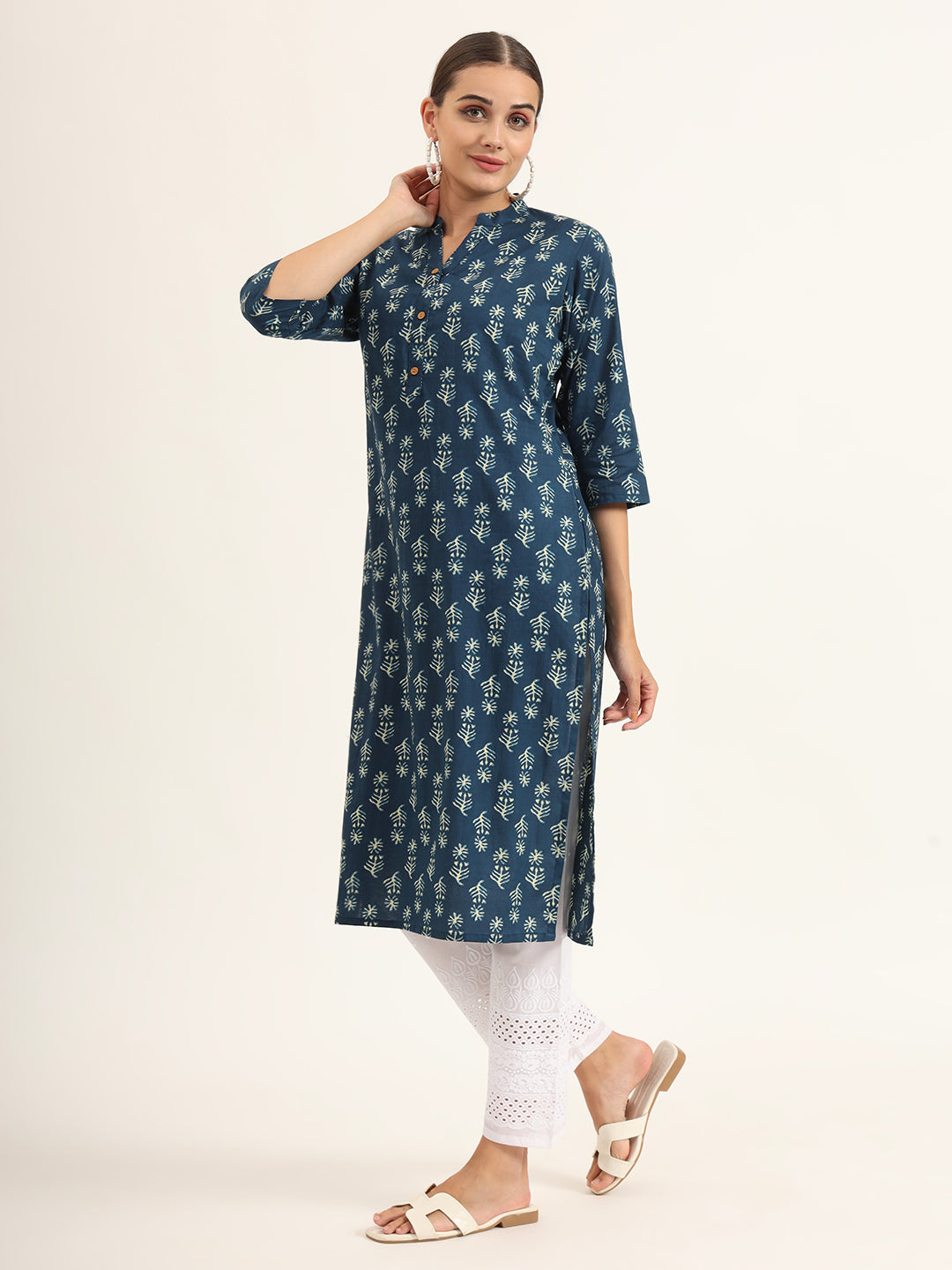 Divena Blue Floral Print Pure Cotton Straight Kurta