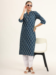 Divena Blue Floral Print Pure Cotton Straight Kurta