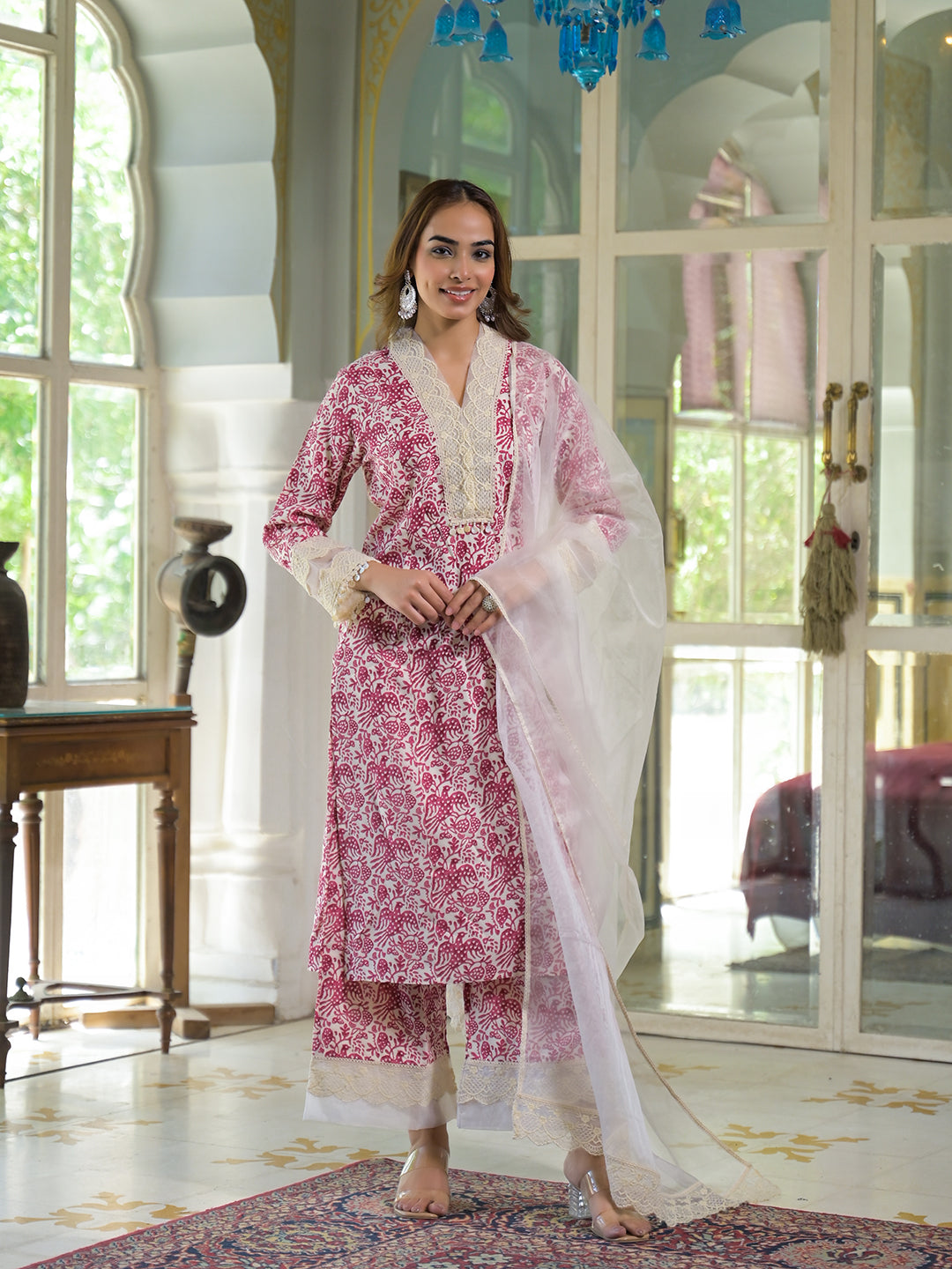 Cream & Pink Rayon Ethnic Print Kurta Pant with Dupatta — view 1
