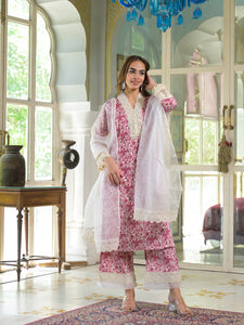 Divena Cream & Pink Rayon Ethnic Print Kurta Pant with Dupatta