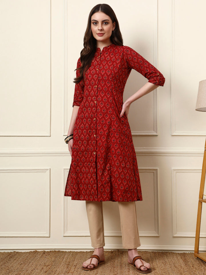 Divena Maroon Mandarin Collar Floral Cotton A-Line Kurta