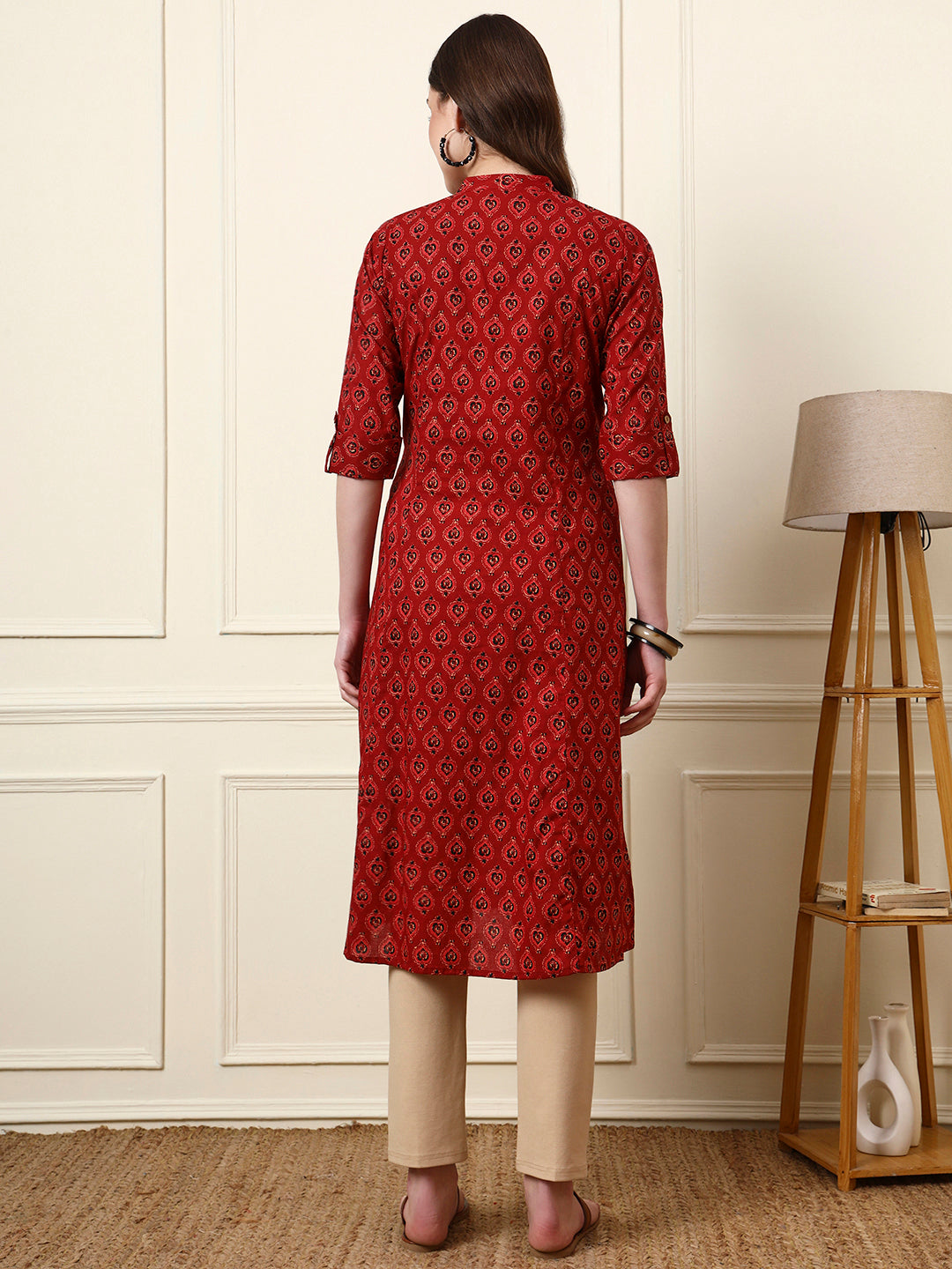 Divena Maroon Mandarin Collar Floral Cotton A-Line Kurta