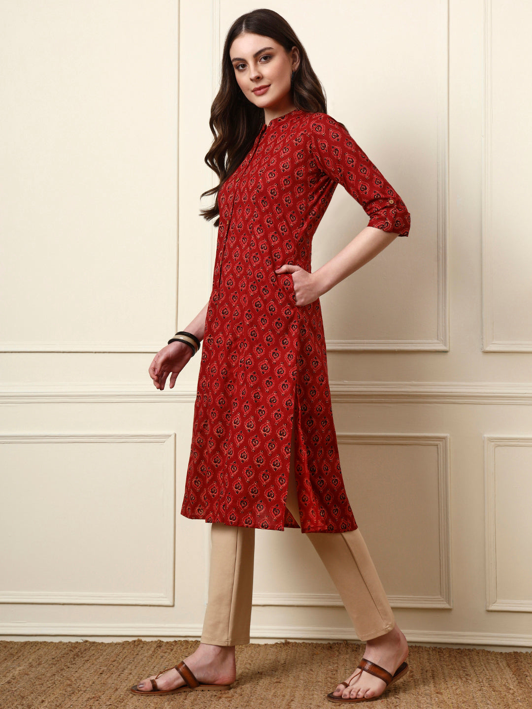 Divena Maroon Mandarin Collar Floral Cotton A-Line Kurta