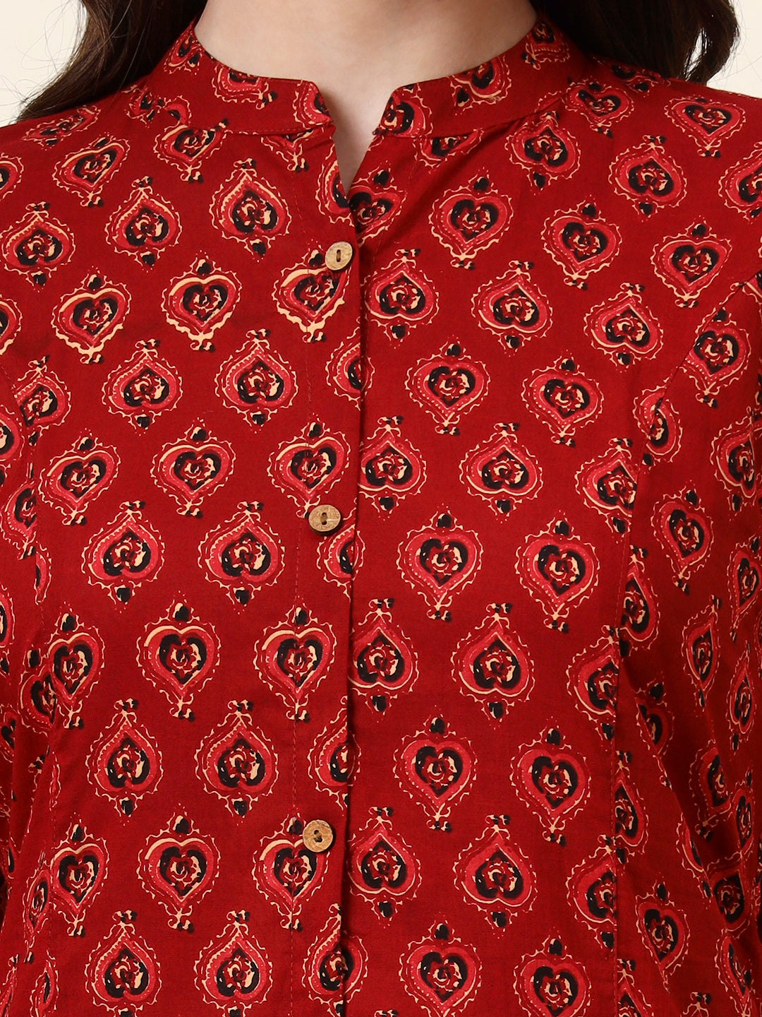 Divena Maroon Mandarin Collar Floral Cotton A-Line Kurta