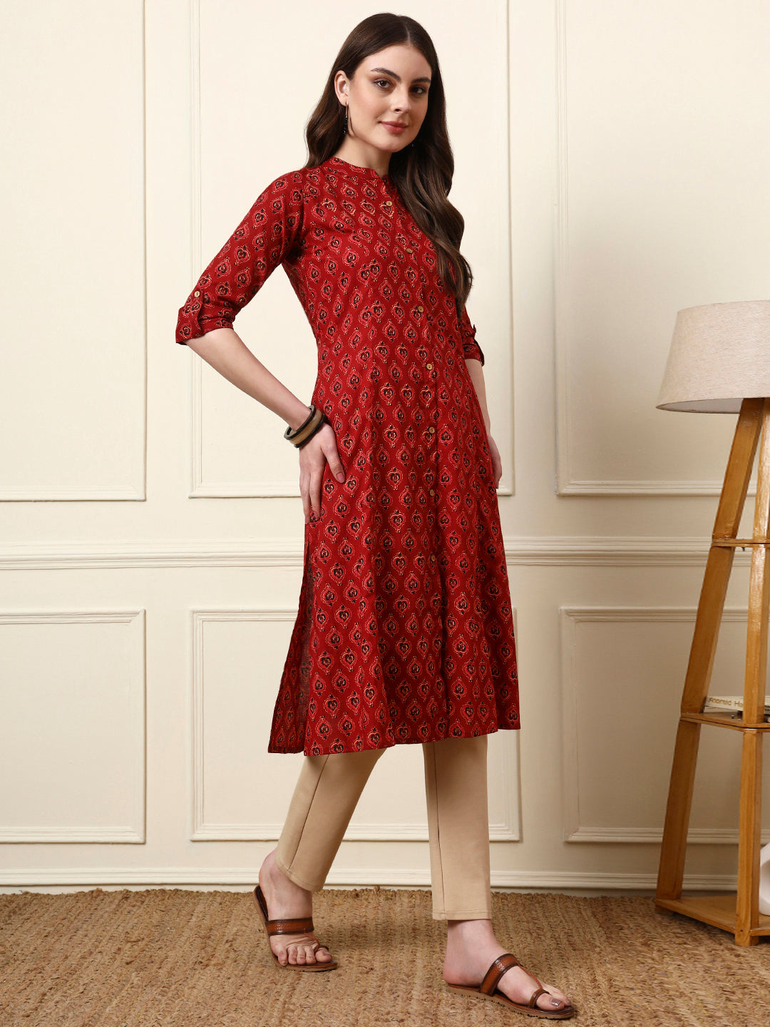 Divena Maroon Mandarin Collar Floral Cotton A-Line Kurta