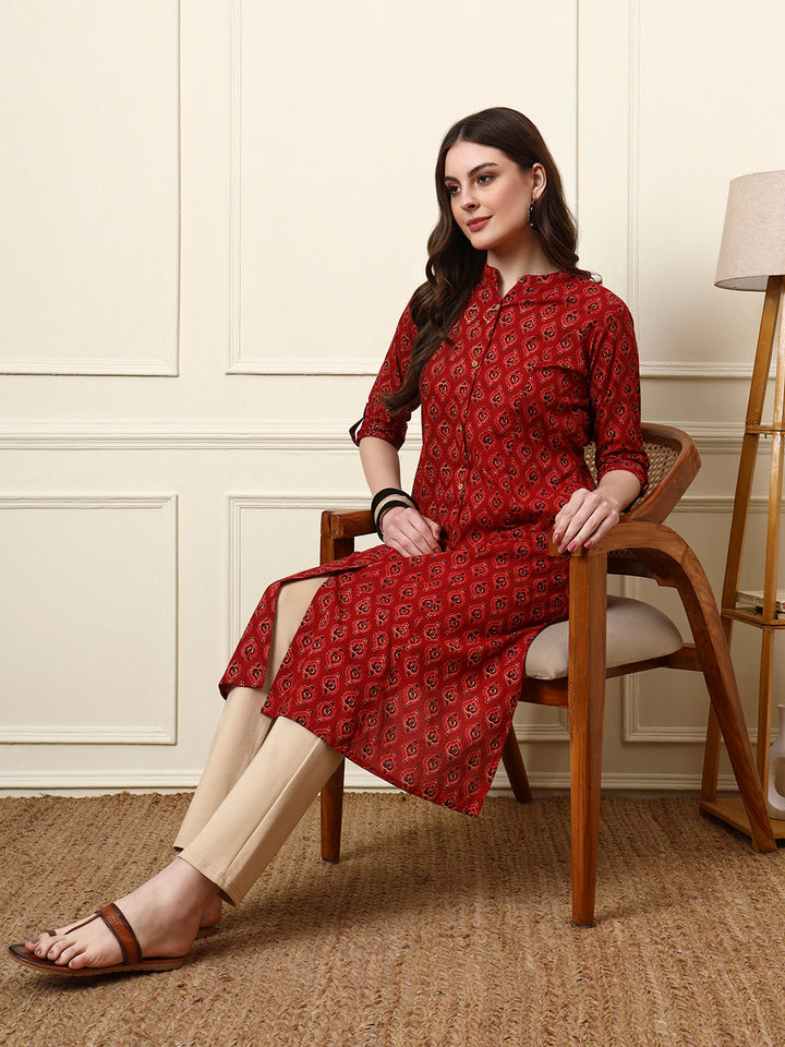 Divena Maroon Mandarin Collar Floral Cotton A-Line Kurta