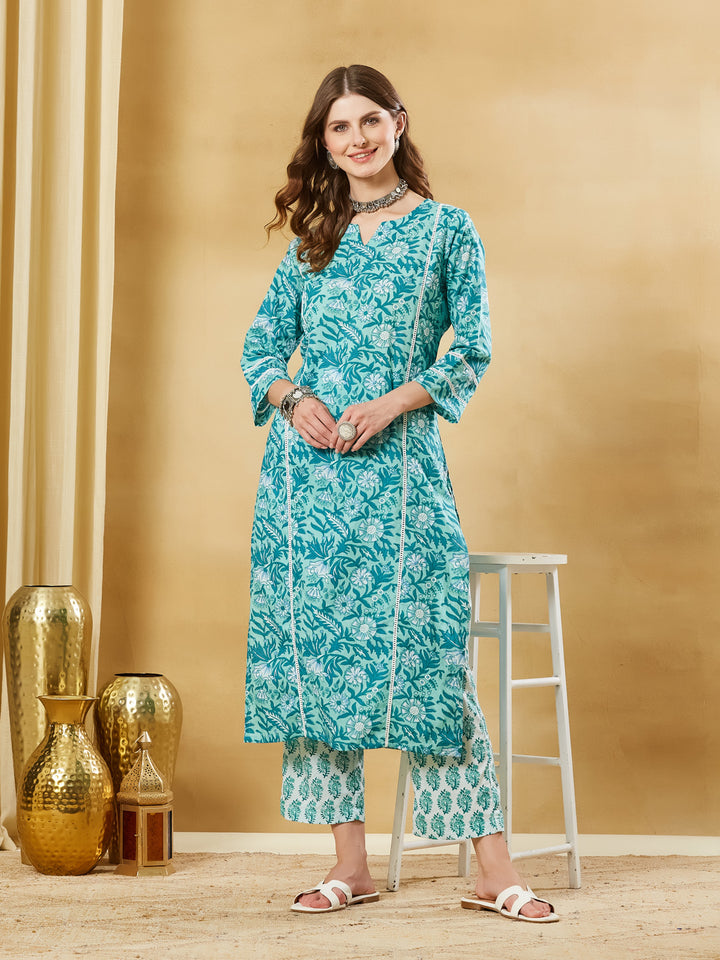 Divena Torquise Blue Cotton Kurta Pant Set