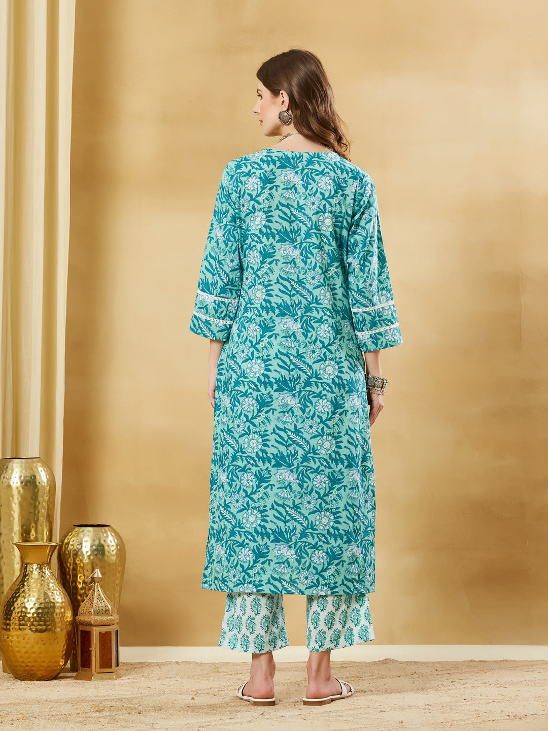 Divena Torquise Blue Cotton Kurta Pant Set