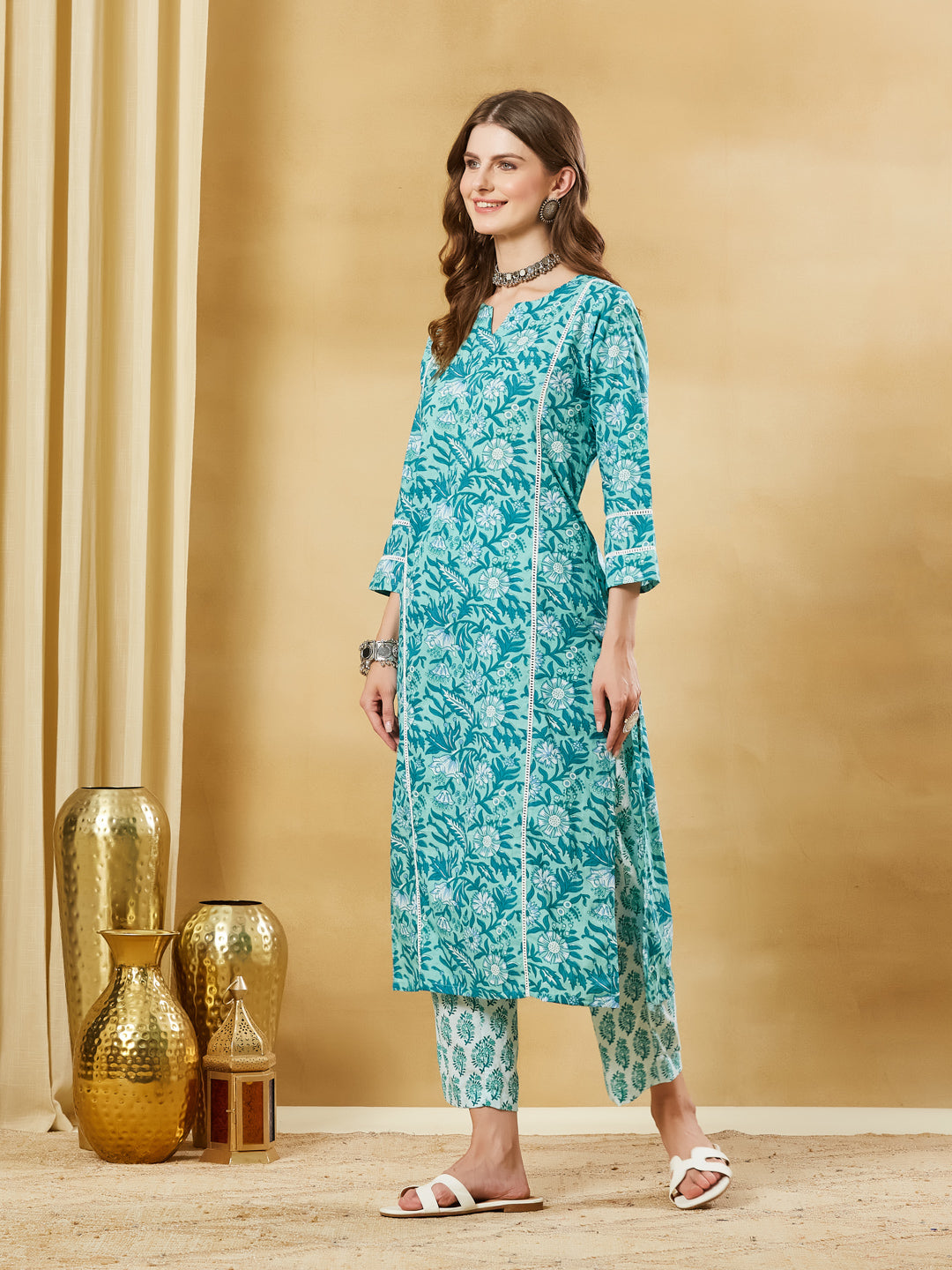 Divena Torquise Blue Cotton Kurta Pant Set