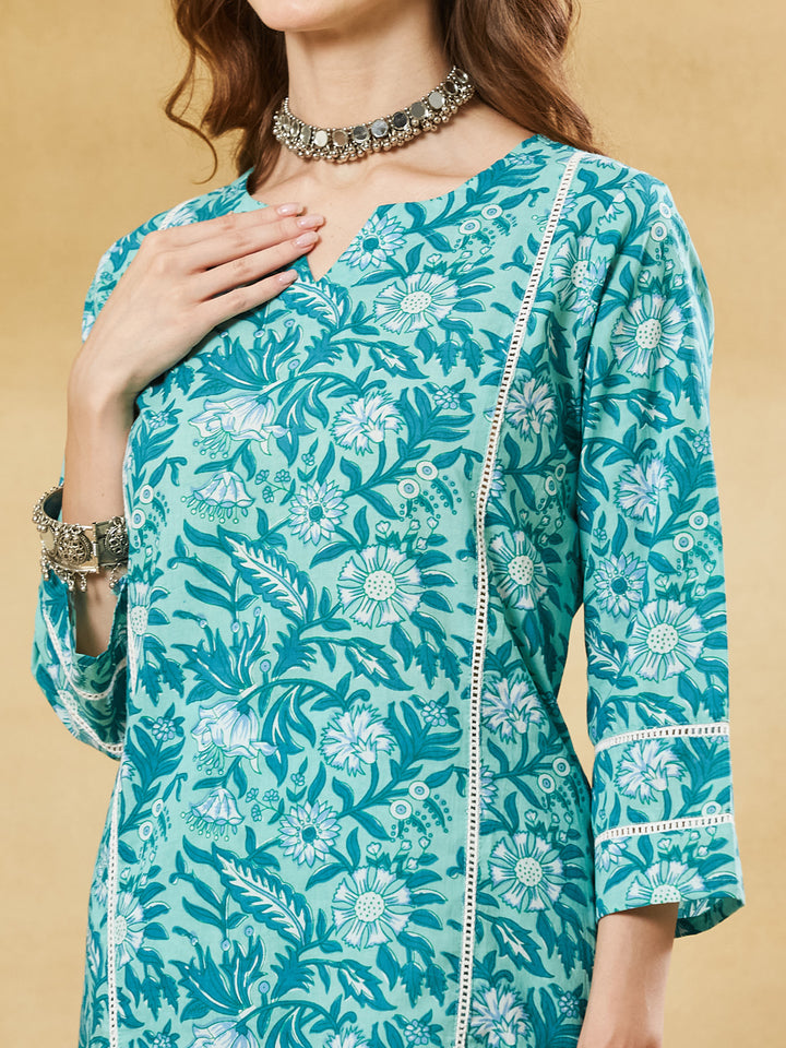 Divena Torquise Blue Cotton Kurta Pant Set
