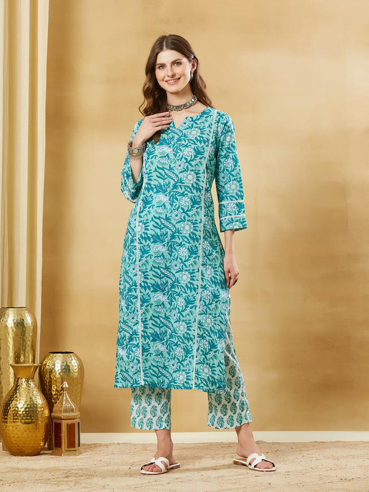 Divena Torquise Blue Cotton Kurta Pant Set