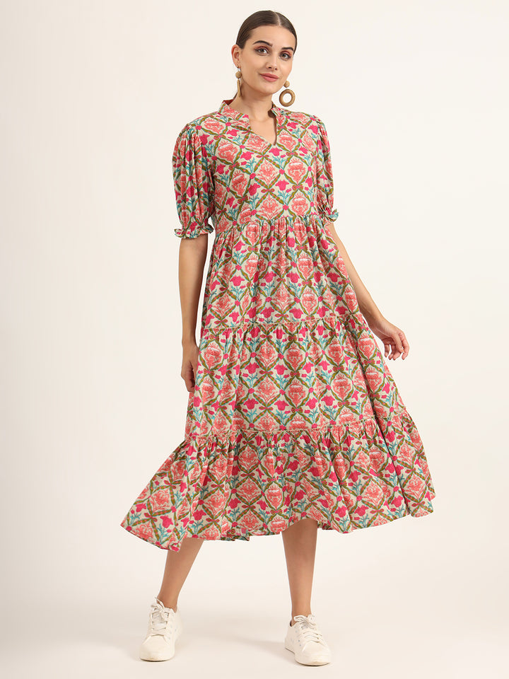 Divena Multi Color Floral Print Midi Dress