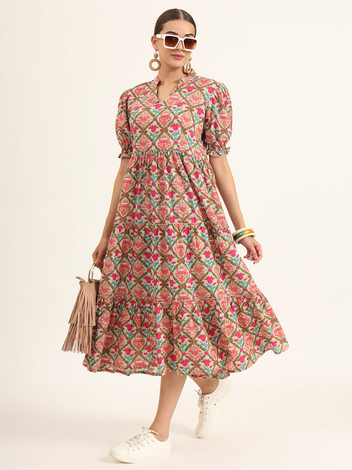Divena Multi Color Floral Print Midi Dress