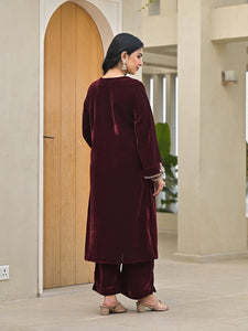 Divena Embroidered Maroon Velvet Kurta Pant Dupatta Set for Women