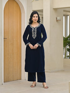 Divena Embroidered Blue Velvet Kurta Pant Dupatta Set for Women