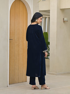 Divena Embroidered Blue Velvet Kurta Pant Dupatta Set for Women