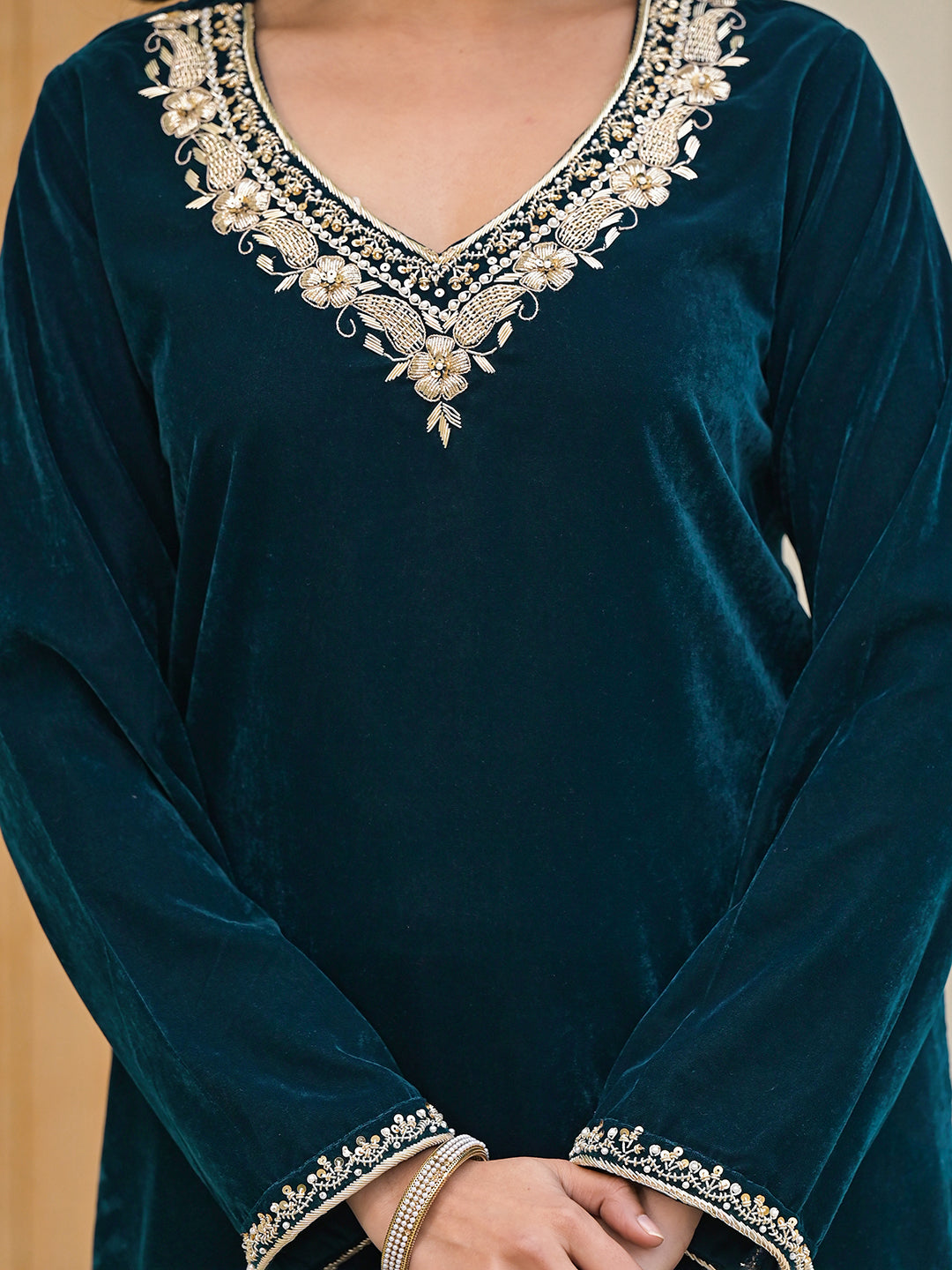 Divena Embroidered Green Velvet Kurta Pant Dupatta Set for Women