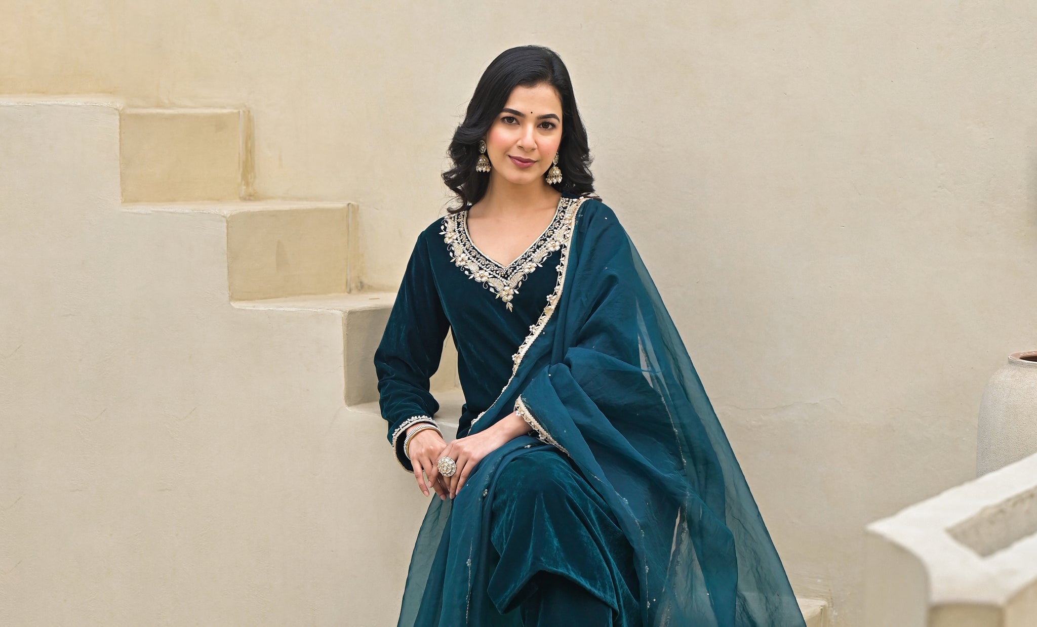 Divena Embroidered Green Velvet Kurta Pant Dupatta Set for Women