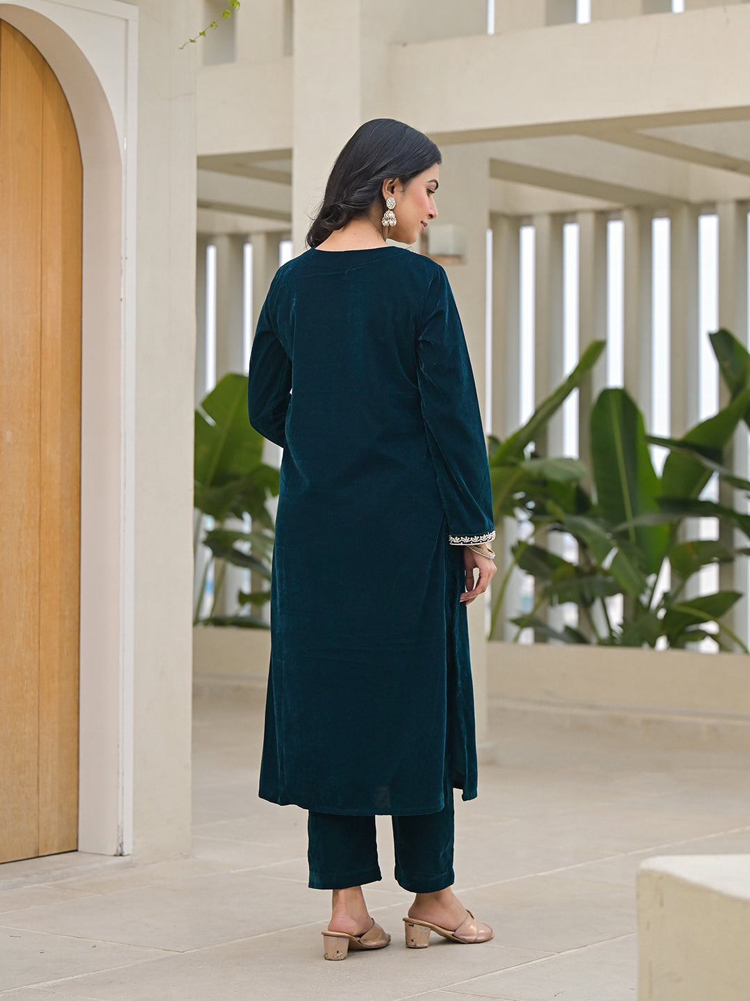 Divena Embroidered Green Velvet Kurta Pant Dupatta Set for Women