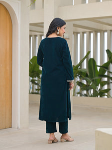 Divena Embroidered Green Velvet Kurta Pant Dupatta Set for Women